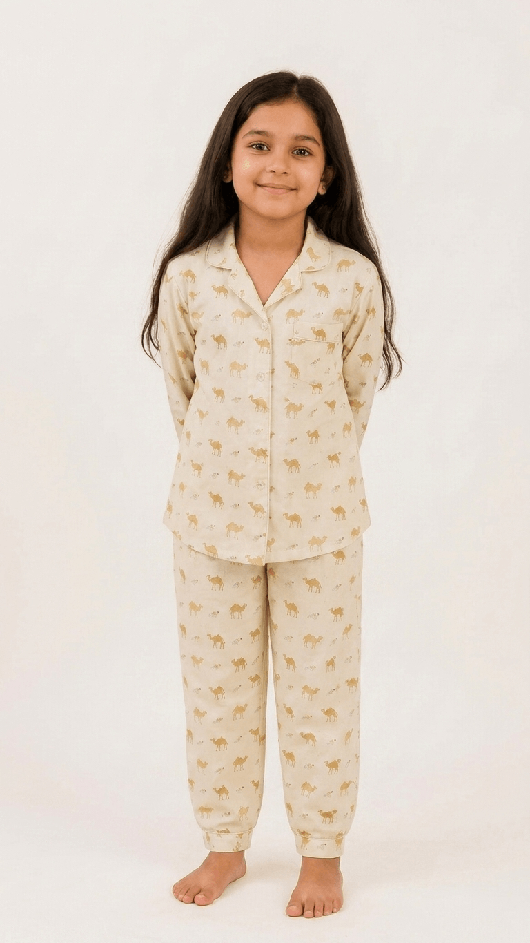 Satrangi House Kids 100% Pure Cotton Woven Full-Sleeve Mustard Yellow Camel Print Night Suit Pajama Set with Travel Pouch