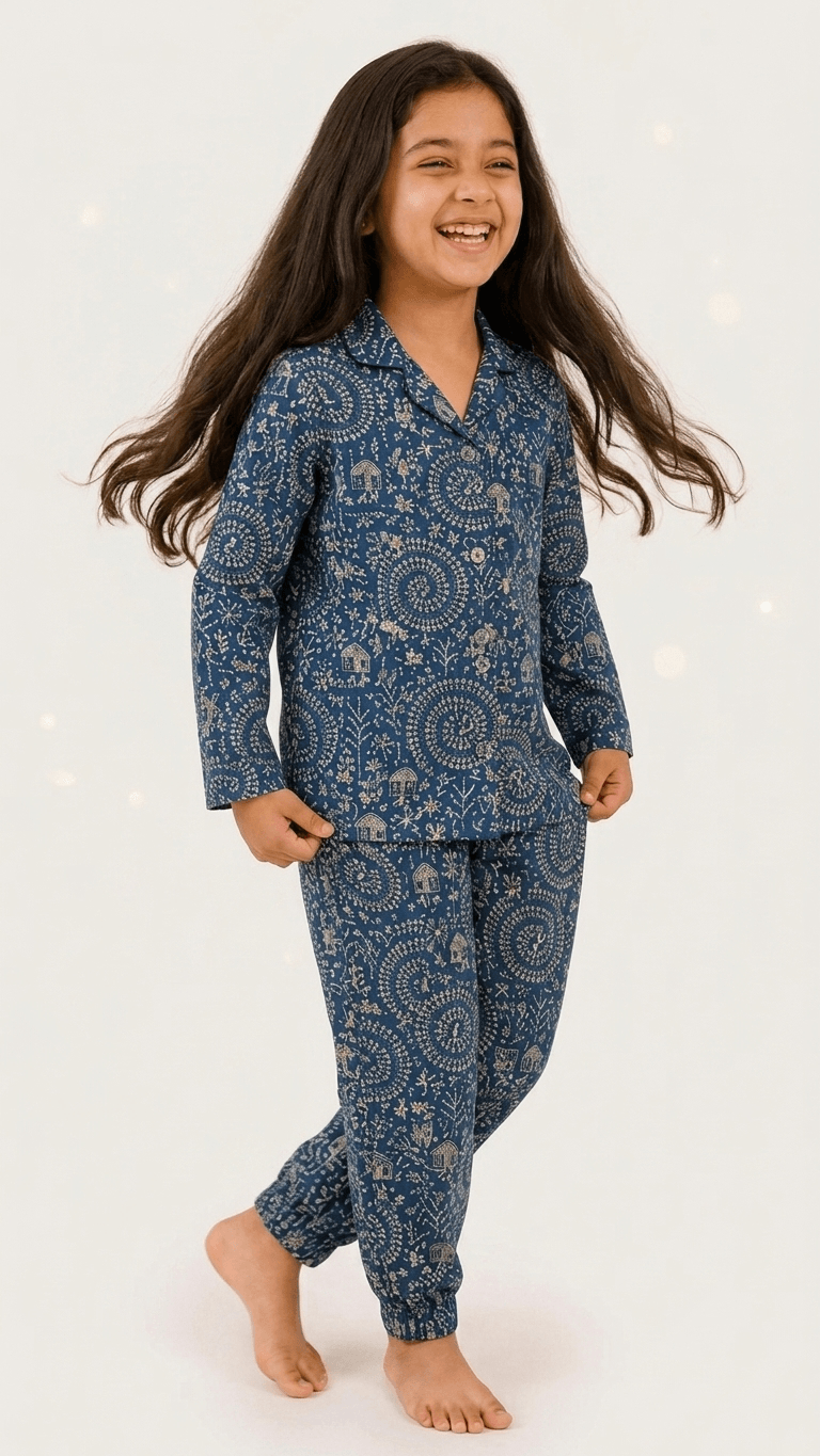 Satrangi House Kids 100% Pure Cotton Woven Full-Sleeve Indigo Blue Warli and Mandala Print Night Suit Pajama Set with Travel Pouch