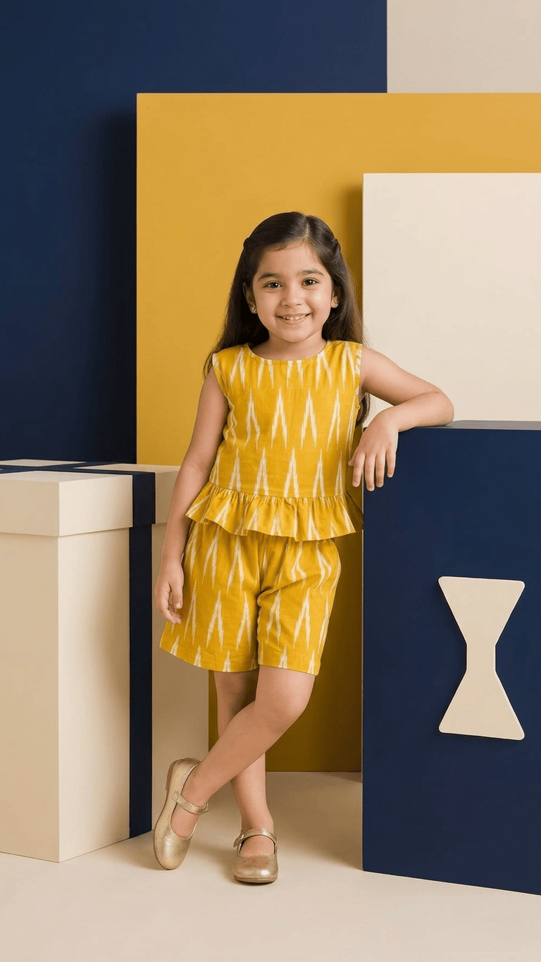 Mustard Ikat Frill Top & Shorts Set