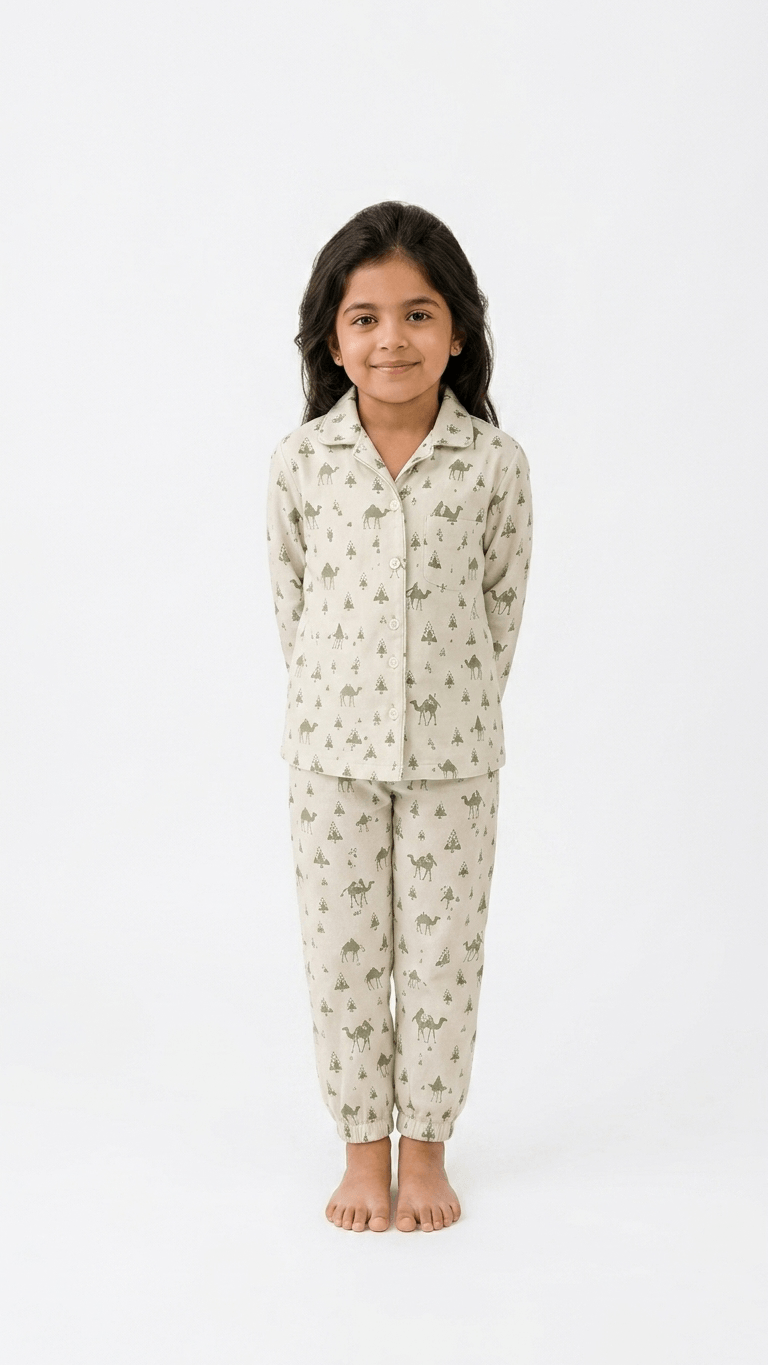 Satrangi House Kids 100% Pure Cotton Woven Full-Sleeve Sage Green Camel Print Night Suit Pajama Set with Travel Pouch