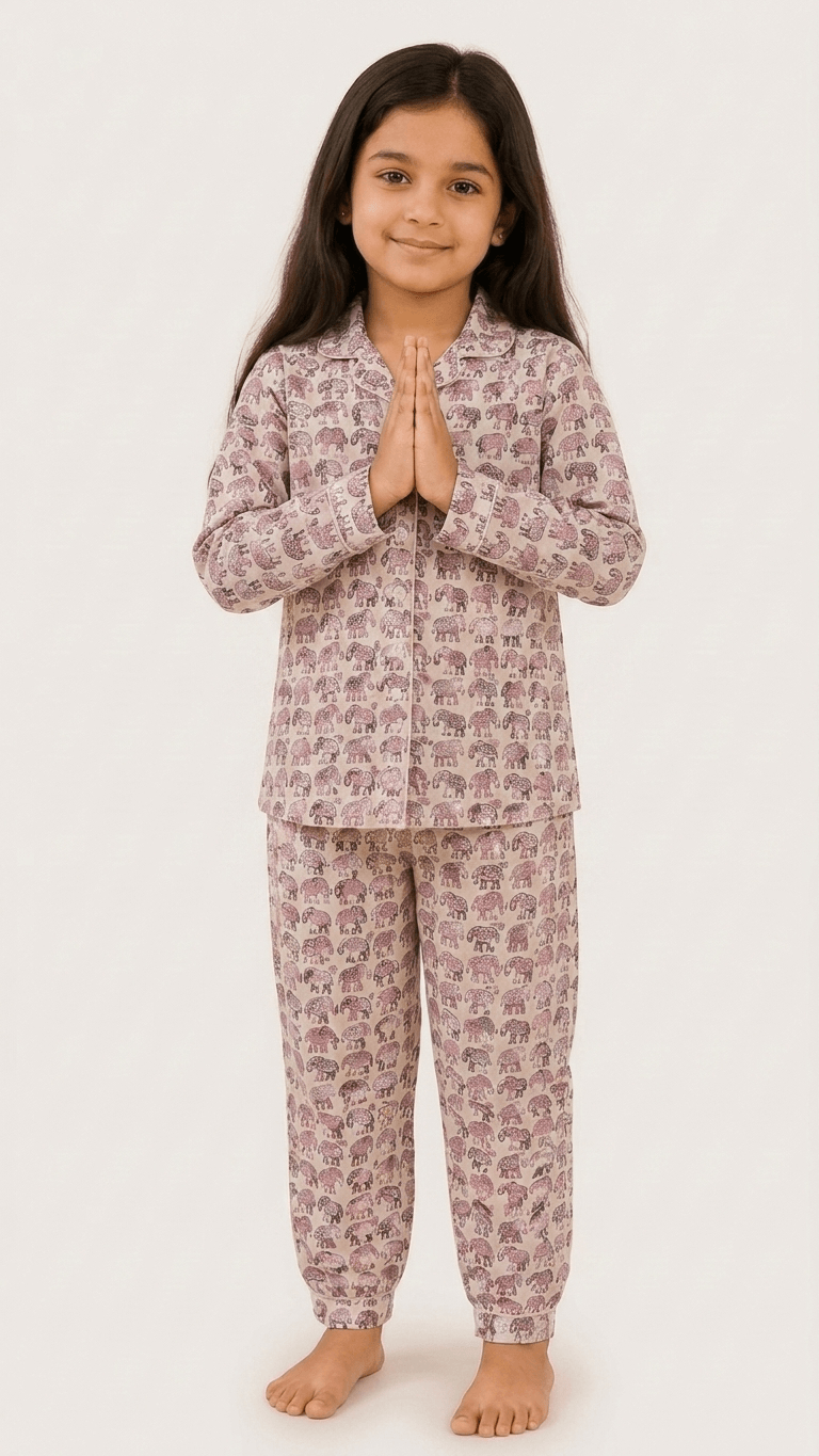 Satrangi House Kids 100% Pure Cotton Woven Full-Sleeve Elephant Print Night Suit Pajama Set with Travel Pouch - Pink