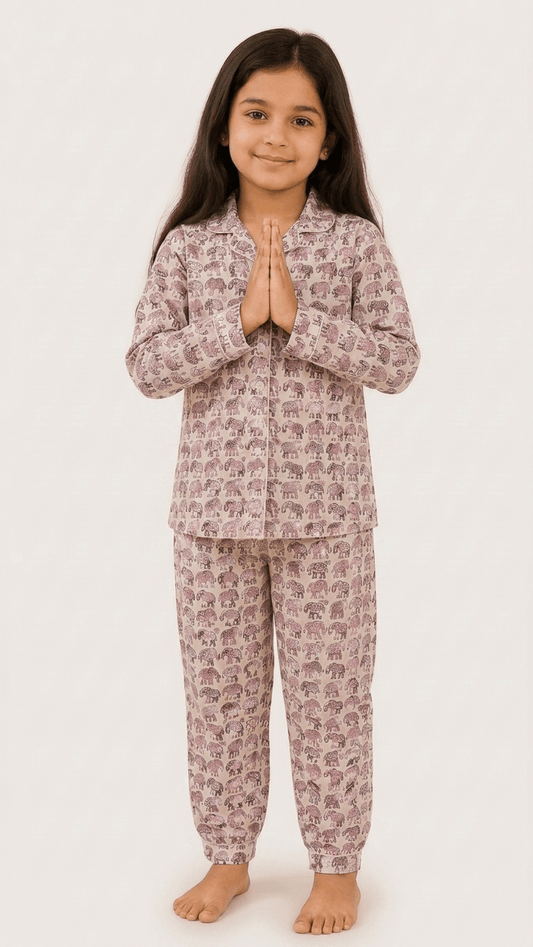 Satrangi House Kids 100% Pure Cotton Woven Full-Sleeve Elephant Print Night Suit Pajama Set with Travel Pouch - Pink