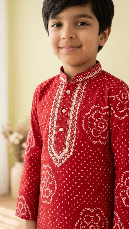 Boys RED Bandhani Printed Cotton Kurta with White Churidar Pant Set