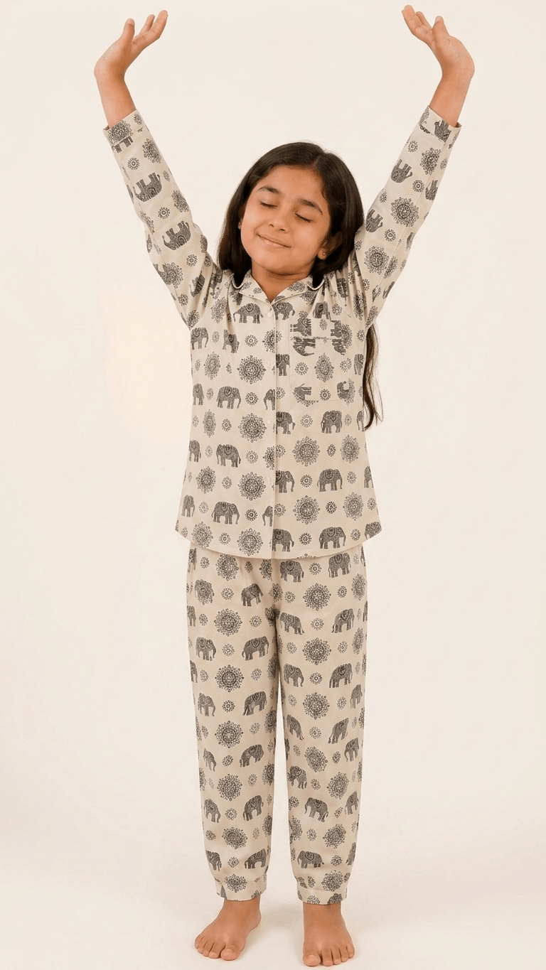 Satrangi House Kids 100% Pure Cotton Woven Full-Sleeve Black Mandala and Elephant Print Night Suit Pajama Set with Travel Pouch