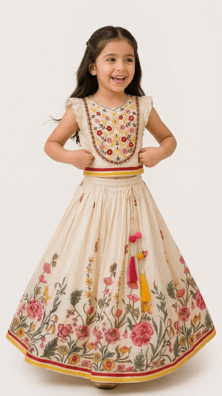 Girls Cream & Pink Floral Embroidered Lehenga Choli Set | Kids Flutter Sleeve Traditional Festive Wear Dress