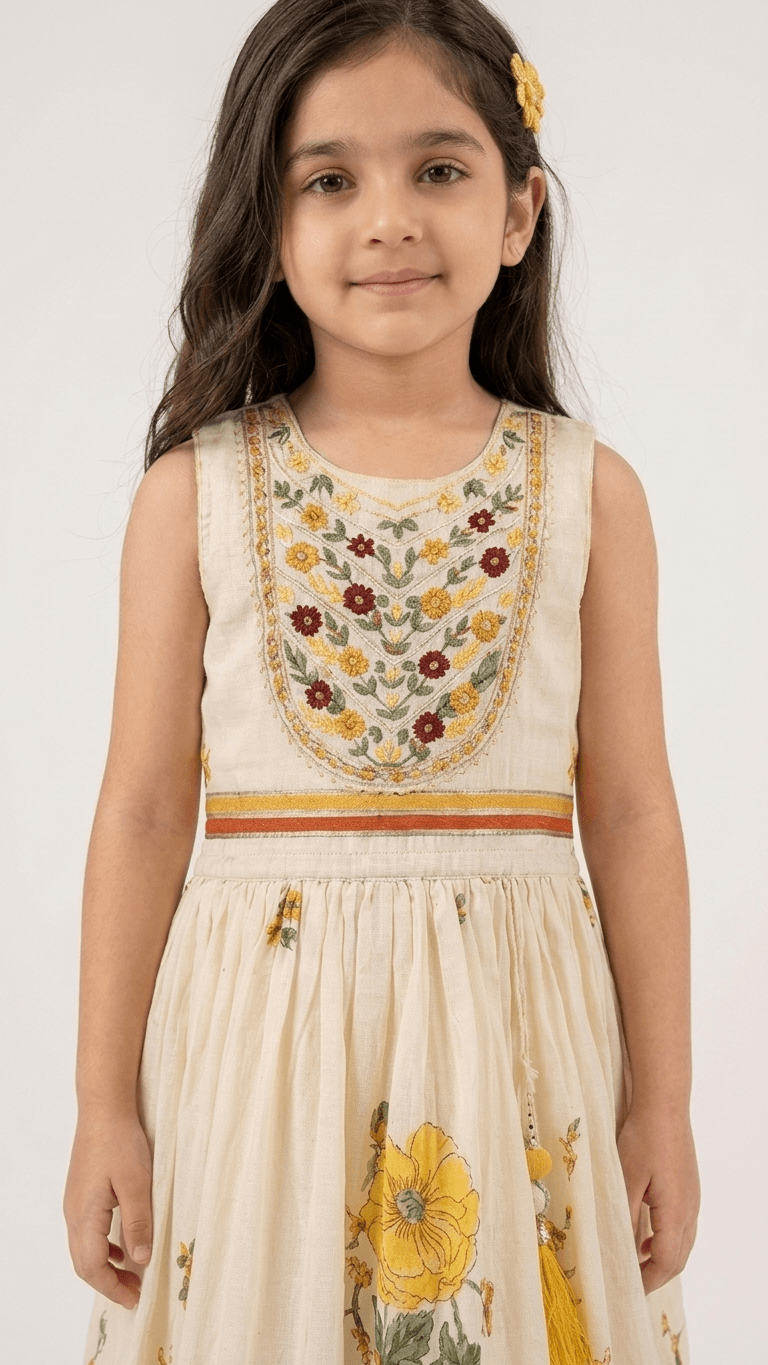 Girls Cream Floral Embroidered Ethnic Lehenga Gown Set | Kids Cotton Traditional Festive Wear Dress