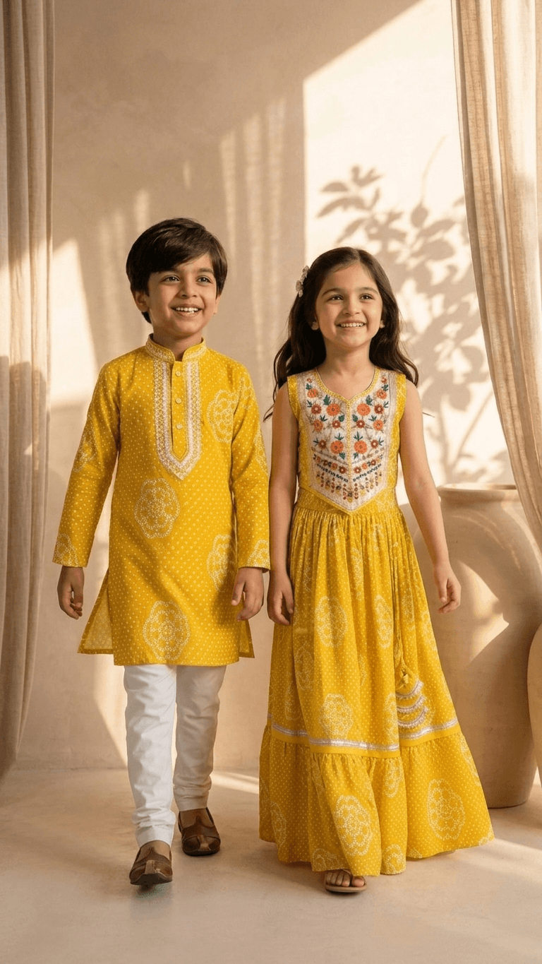 Brother Sister Matching Yellow Bandhani Festive Combo Set | Kids Haldi Lehenga Choli and Boys Kurta Pyjama Ethnic Suit