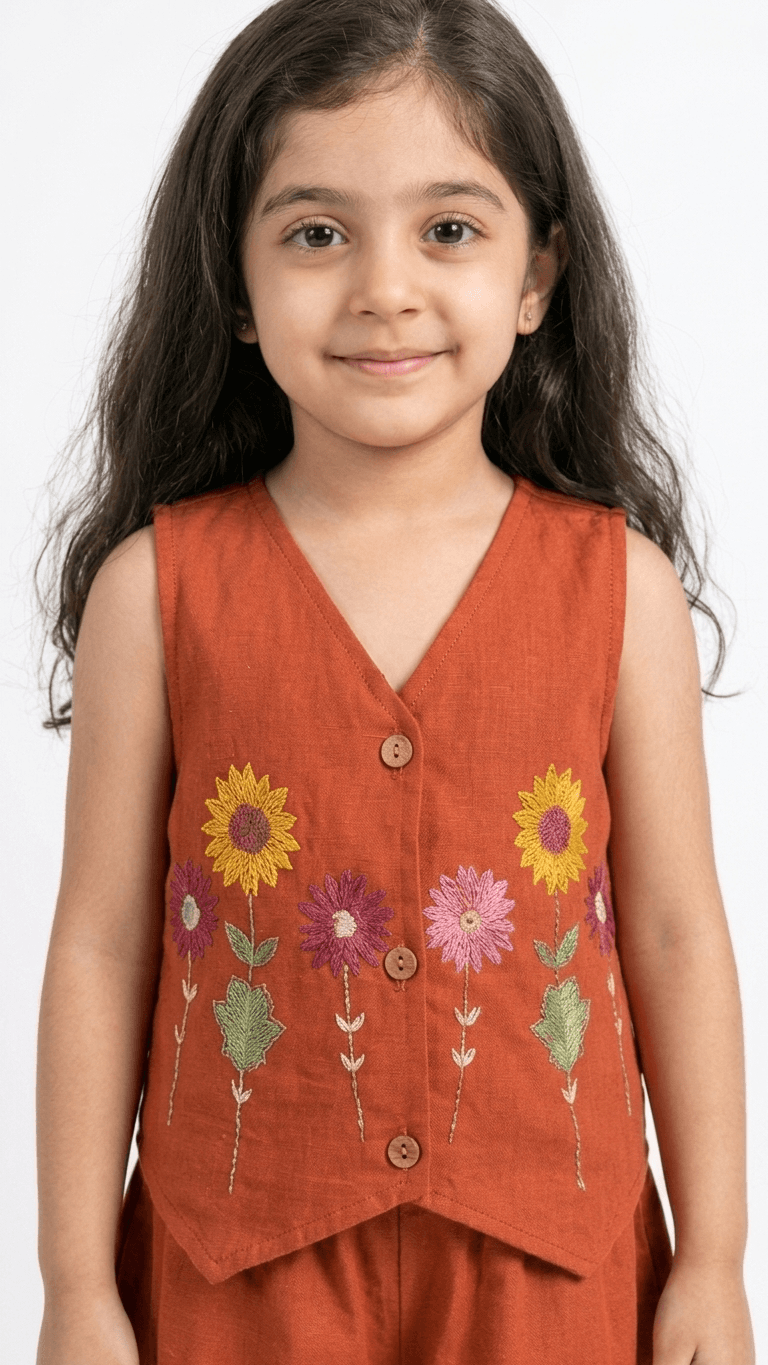 Girls Rust Orange Embroidered Waistcoat and Palazzo Co-Ord Set | Kids Indo-Western Casual Festive Fusion Dress