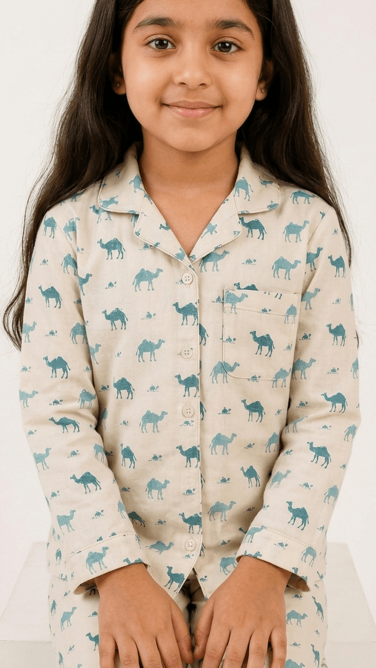 satrangi house Kids 100% Pure Cotton Woven Full-Sleeve Dark Teal Camel Print Night Suit Pajama Set with Travel Pouch