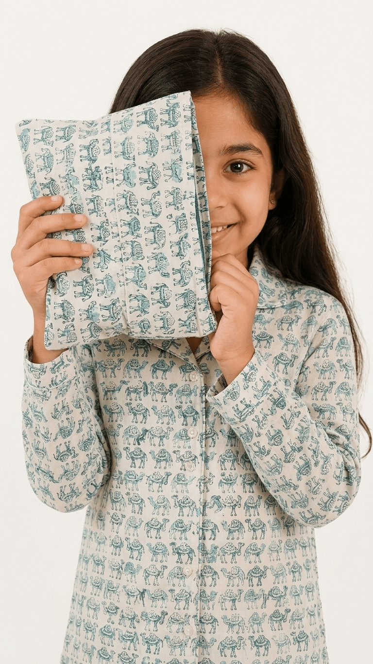 Satrangi House Kids 100% Pure Cotton Woven Full-Sleeve Teal Camel Print Night Suit Pajama Set with Travel Pouch