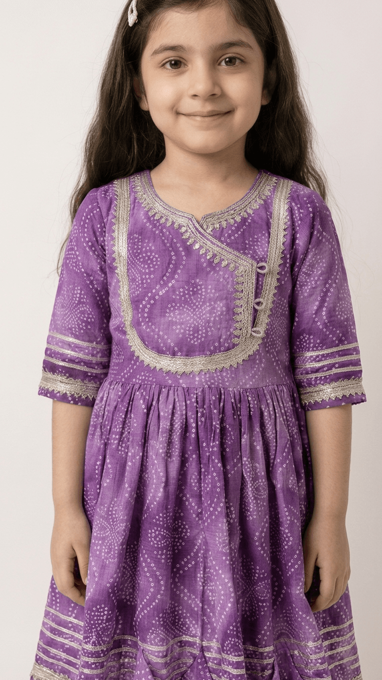 Girls Purple Bandhani Print Flared Kurti Dhoti Set | Kids Gota Patti Traditional Anarkali Salwar Kameez Suit