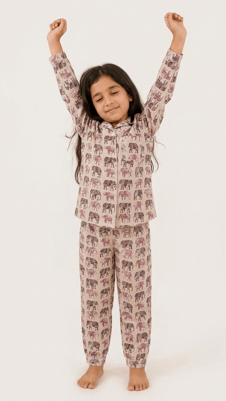 Satrangi House Kids 100% Pure Cotton Woven Full-Sleeve Maroon Elephant Print Night Suit Pajama Set with Travel Pouch - Grl-935