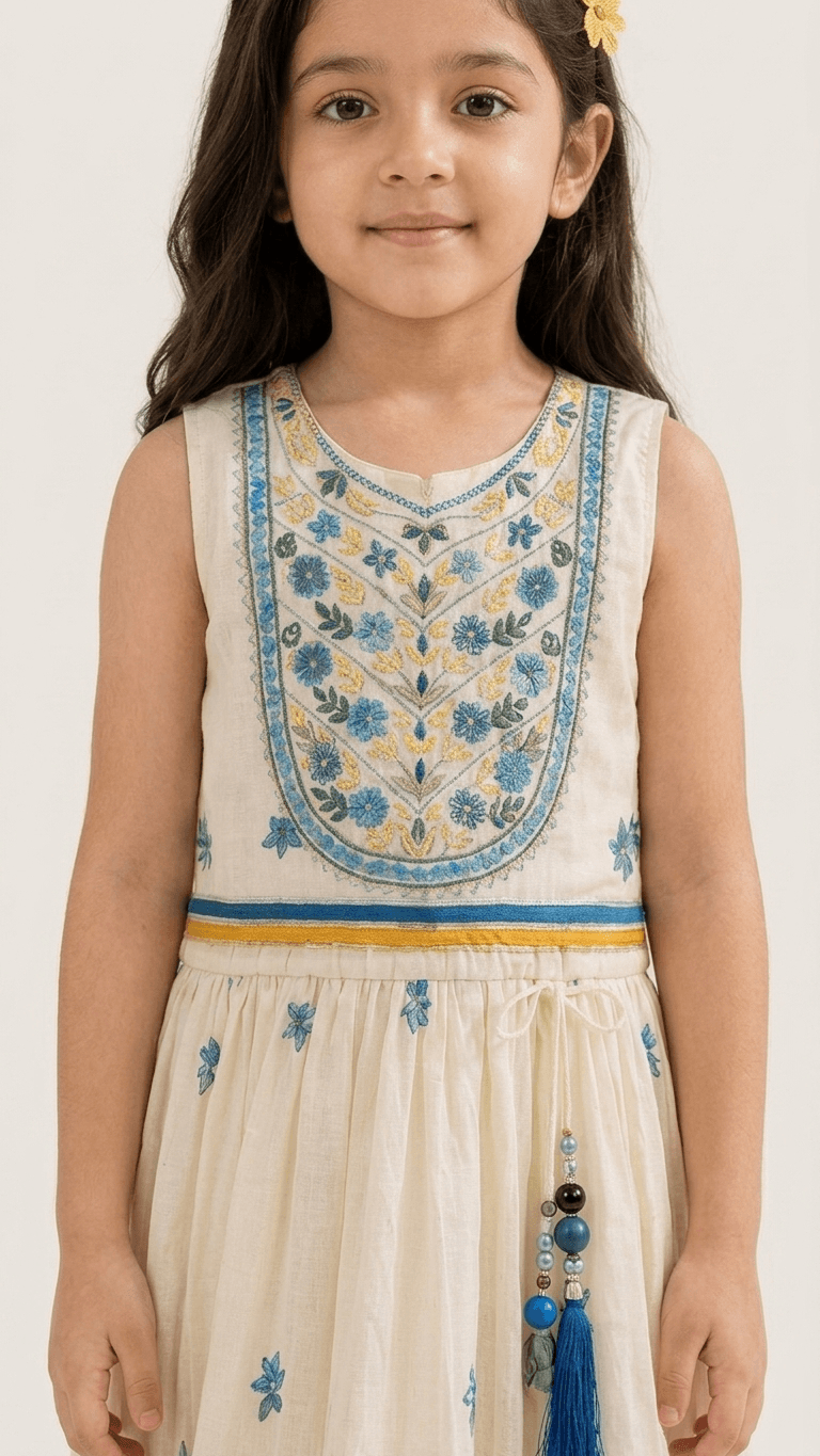 Girls Cream & Blue Floral Embroidered Ethnic Lehenga Gown | Kids Traditional Cotton Festive Wear Dress