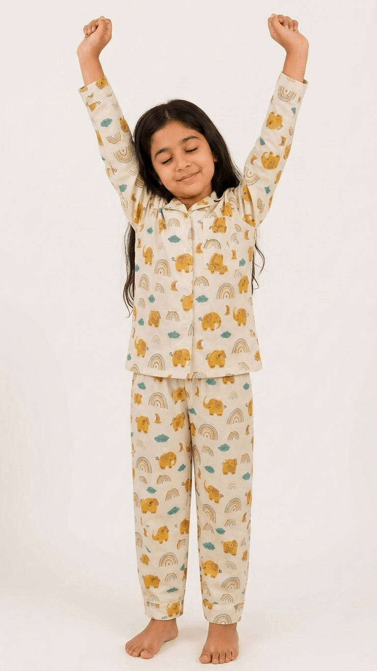 Satrangi House Kids 100% Pure Cotton Woven Full-Sleeve Yellow Elephant and Rainbow Print Night Suit Pajama Set with Travel Pouch