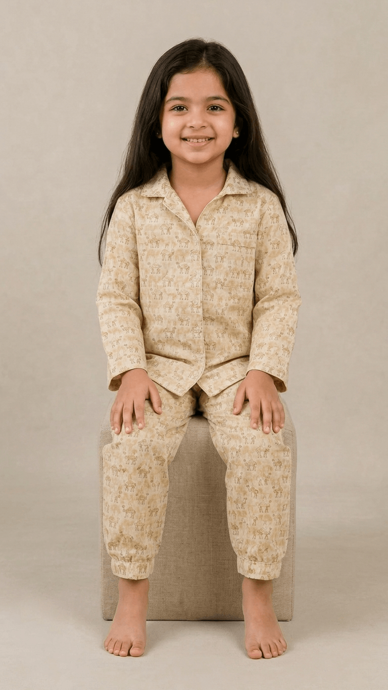 Satrangi House Unisex Kids 100% Cotton Woven Full-Sleeve Camel Print Night Suit Pajama Set with Travel Pouch - Beige