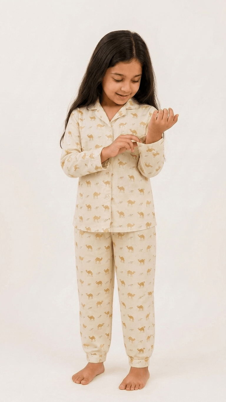 Satrangi House Kids 100% Pure Cotton Woven Full-Sleeve Mustard Yellow Camel Print Night Suit Pajama Set with Travel Pouch