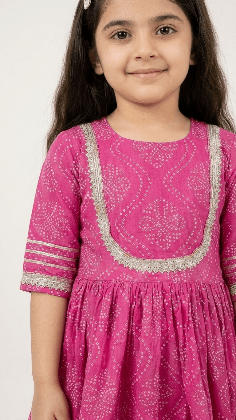 Girls Rani Pink Bandhani Print Kurti Sharara Set | Kids Gota Patti Work Traditional Salwar Kameez Suit
