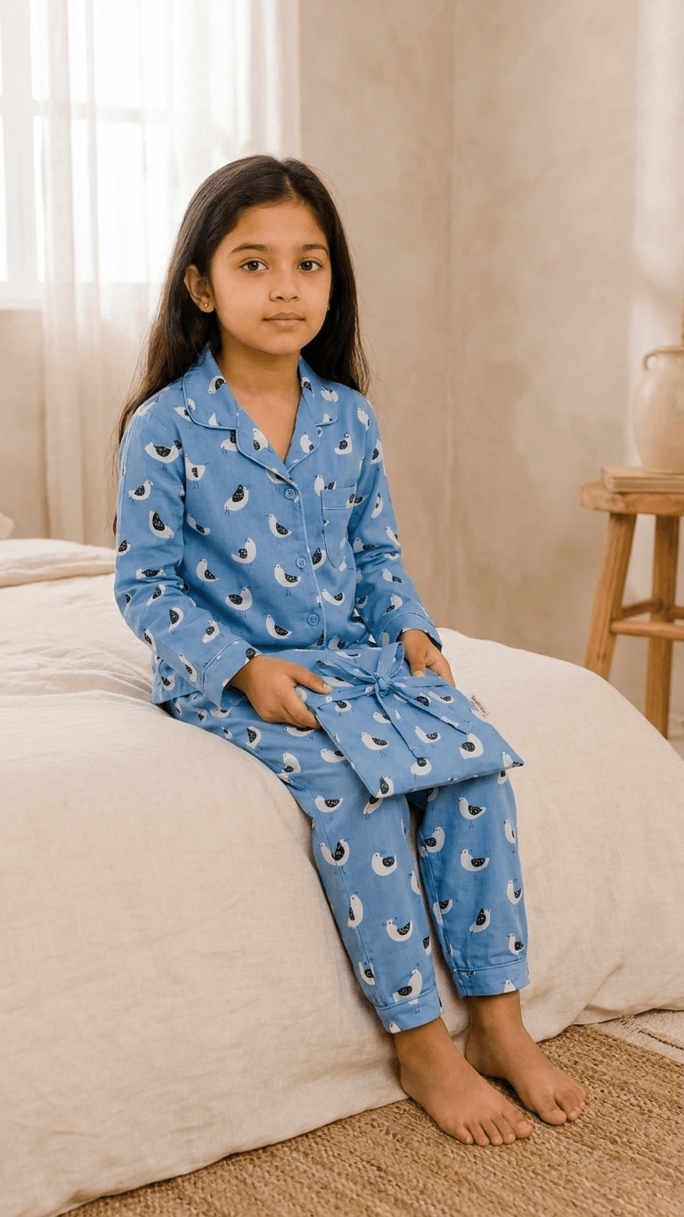 Satrangi House Kids 100% Pure Cotton Woven Full-Sleeve Slate Blue Bird Print Night Suit Pajama Set with Travel Pouch