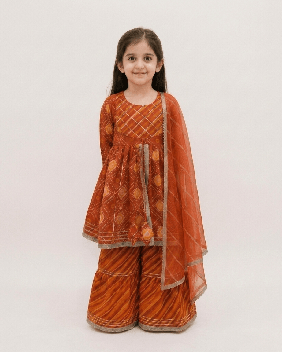 Girls Rust Orange Bandhani Print Peplum Kurti Sharara Set | Kids Gota Patti Traditional Festive Wear Suit with Dupatta