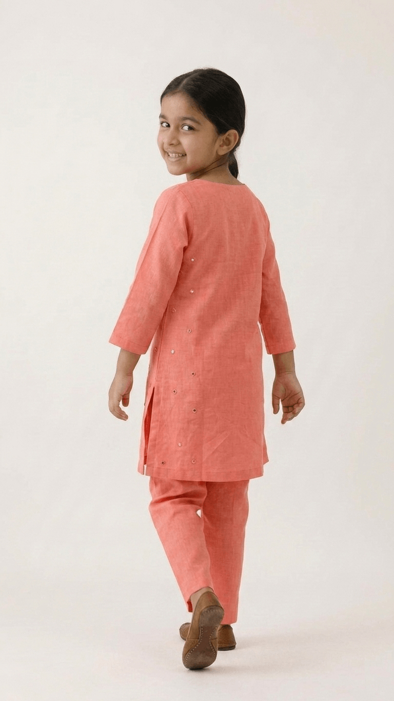 Girls Peach Mirror Work Kurta Pant Set | Kids Traditional Cotton Straight Kurti Trousers Festive Wear