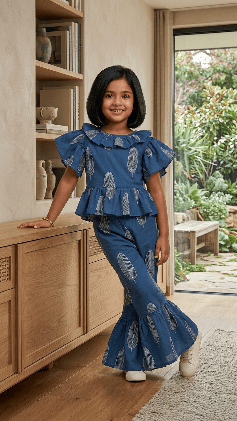 Indigo Leaf Frilled Peplum & Ruffle Pant Set