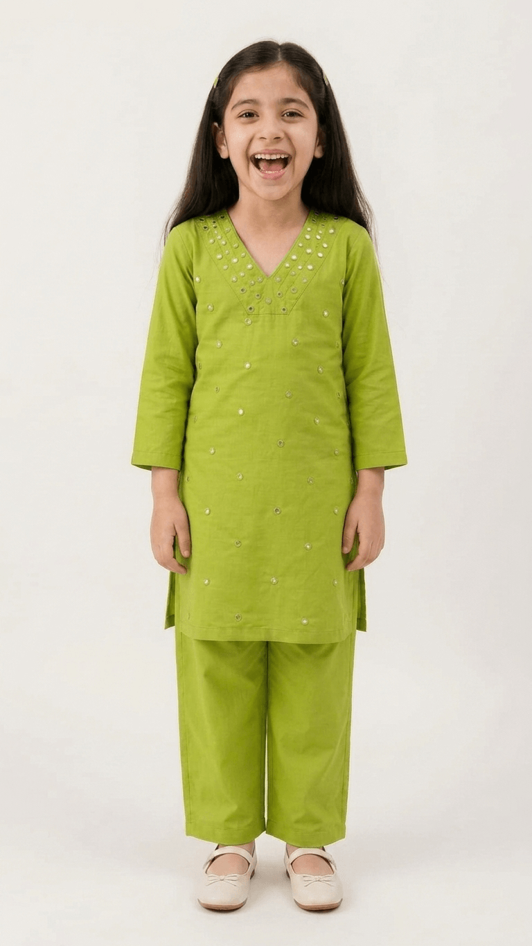 Girls Lime Green Mirror Work Kurta Pant Set | Kids Traditional Cotton Straight Kurti Trousers Festive Wear