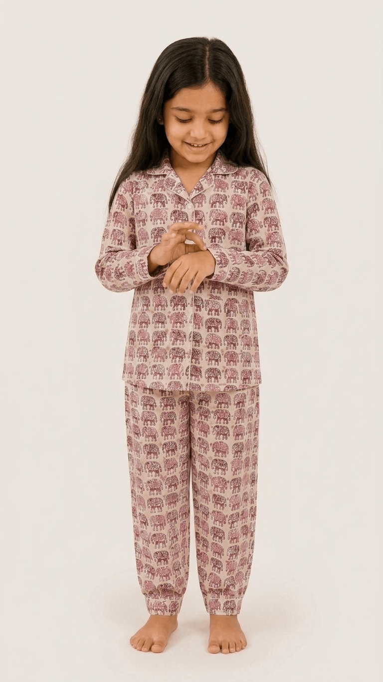 Satrangi House Kids 100% Pure Cotton Woven Full-Sleeve Pink Elephant Print Night Suit Pajama Set with Travel Pouch