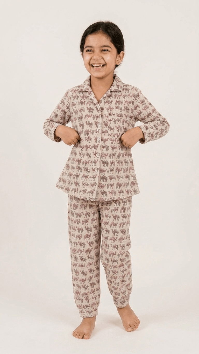 satrangi house Kids 100% Pure Cotton Woven Full-Sleeve Mauve Camel Print Night Suit Pajama Set with Travel Pouch