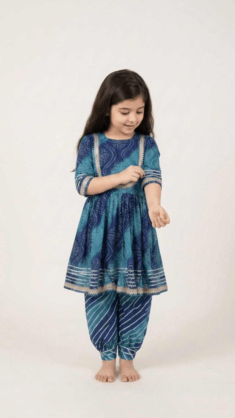 Girls Teal Blue Bandhani Print Kurti Sharara Set | Kids Gota Patti Work Traditional Salwar Kameez Suit