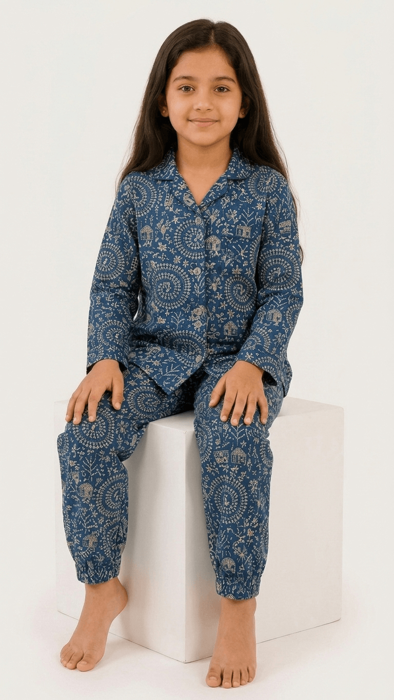 Satrangi House Kids 100% Pure Cotton Woven Full-Sleeve Indigo Blue Warli and Mandala Print Night Suit Pajama Set with Travel Pouch