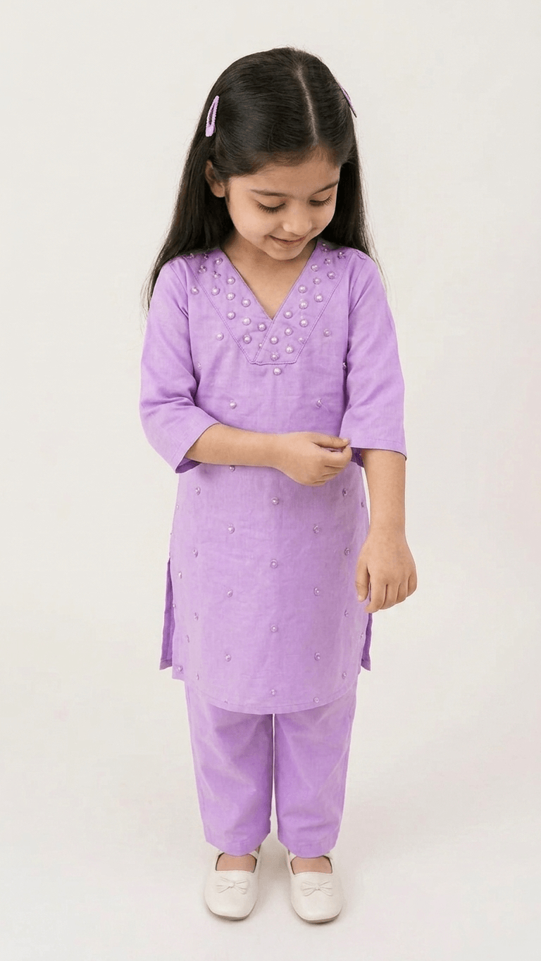 Girls Lavender Mirror Work Kurta Pant Set | Kids Traditional Cotton Straight Kurti Trousers Festive Wear