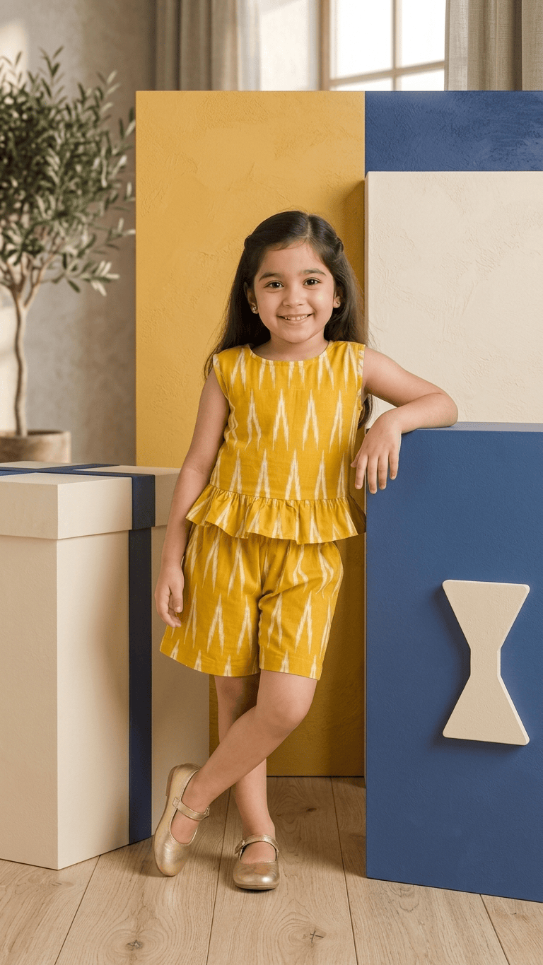 Mustard Ikat Frill Top & Shorts Set