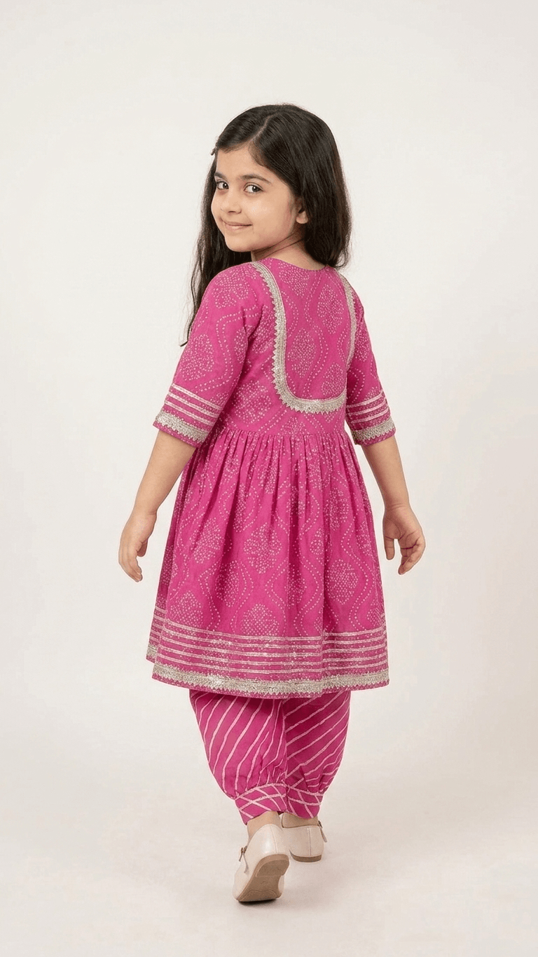Girls Rani Pink Bandhani Print Kurti Sharara Set | Kids Gota Patti Work Traditional Salwar Kameez Suit