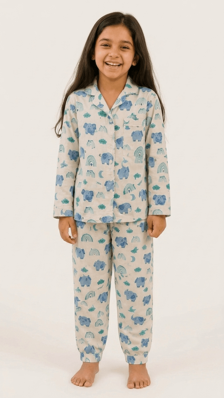 Satrangi House  Kids 100% Pure Cotton Woven Full-Sleeve Blue Elephant and Rainbow Print Night Suit Pajama Set with Travel Pouch