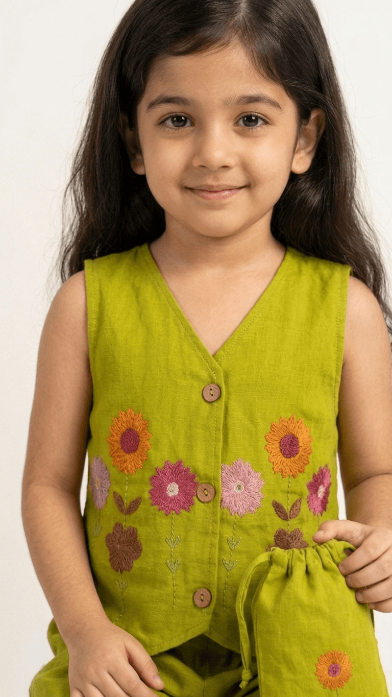 Girls Lime Green Embroidered Waistcoat and Palazzo Co-Ord Set | Kids Indo-Western Casual Festive Fusion Dress