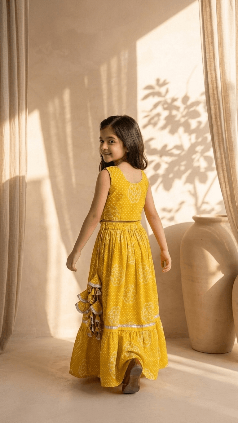 Brother Sister Matching Yellow Bandhani Festive Combo Set | Kids Haldi Lehenga Choli and Boys Kurta Pyjama Ethnic Suit
