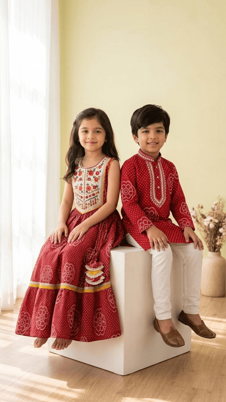 Brother Sister Matching Red Bandhani Festive Combo Set | Kids Crimson Lehenga Choli and Boys Kurta Pyjama Ethnic Suit