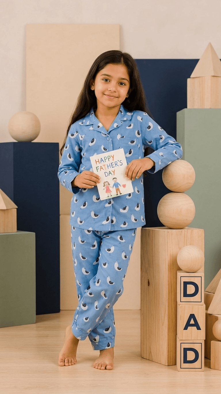 Satrangi House Kids 100% Pure Cotton Woven Full-Sleeve Slate Blue Bird Print Night Suit Pajama Set with Travel Pouch
