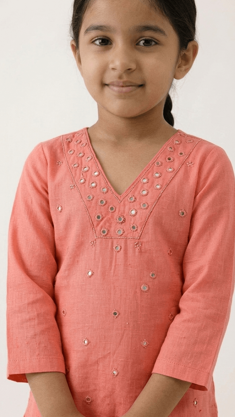 Girls Peach Mirror Work Kurta Pant Set | Kids Traditional Cotton Straight Kurti Trousers Festive Wear
