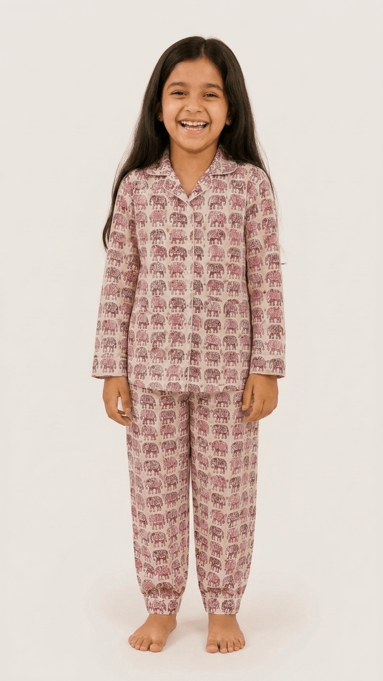 Satrangi House Kids 100% Pure Cotton Woven Full-Sleeve Pink Elephant Print Night Suit Pajama Set with Travel Pouch