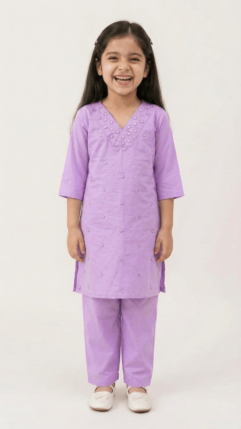 Girls Lavender Mirror Work Kurta Pant Set | Kids Traditional Cotton Straight Kurti Trousers Festive Wear