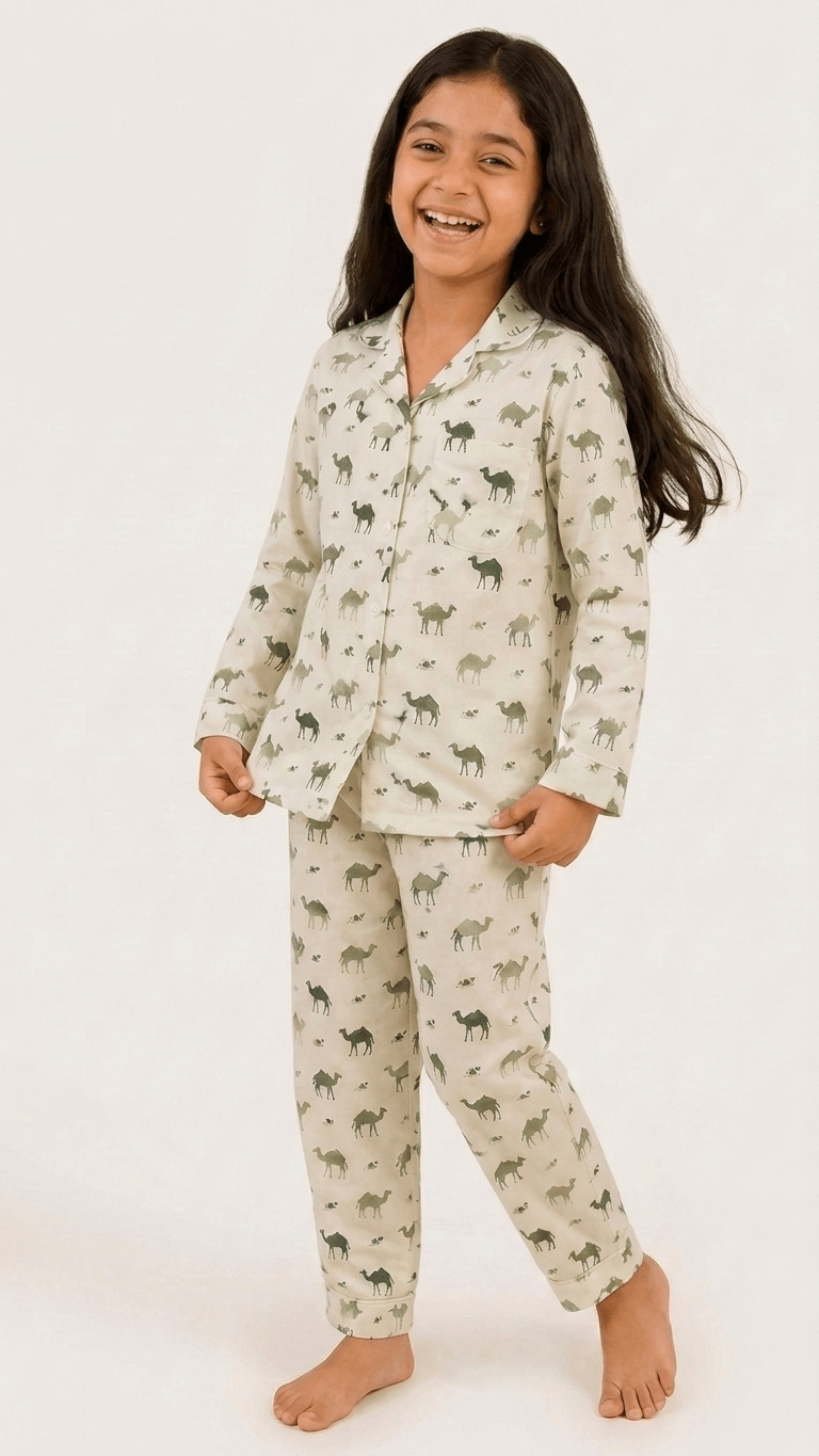 Satrangi House Kids 100% Pure Cotton Woven Full-Sleeve Olive Green Camel Print Night Suit Pajama Set with Travel Pouch