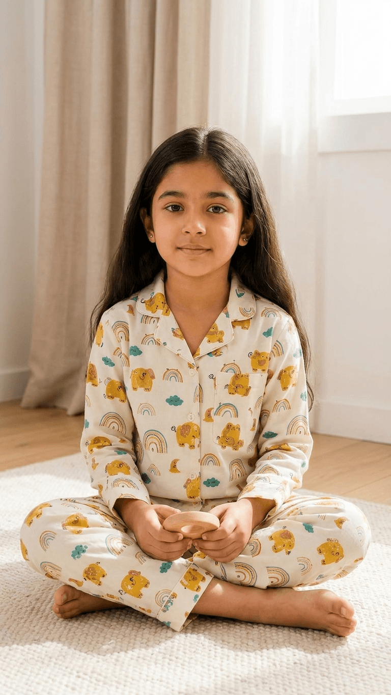 Satrangi House Kids 100% Pure Cotton Woven Full-Sleeve Yellow Elephant and Rainbow Print Night Suit Pajama Set with Travel Pouch