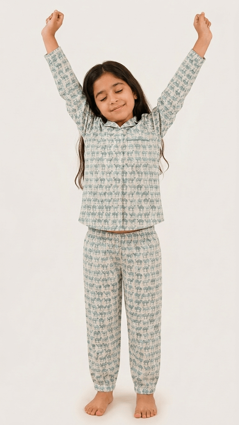 Satrangi House Kids 100% Pure Cotton Woven Full-Sleeve Teal Camel Print Night Suit Pajama Set with Travel Pouch