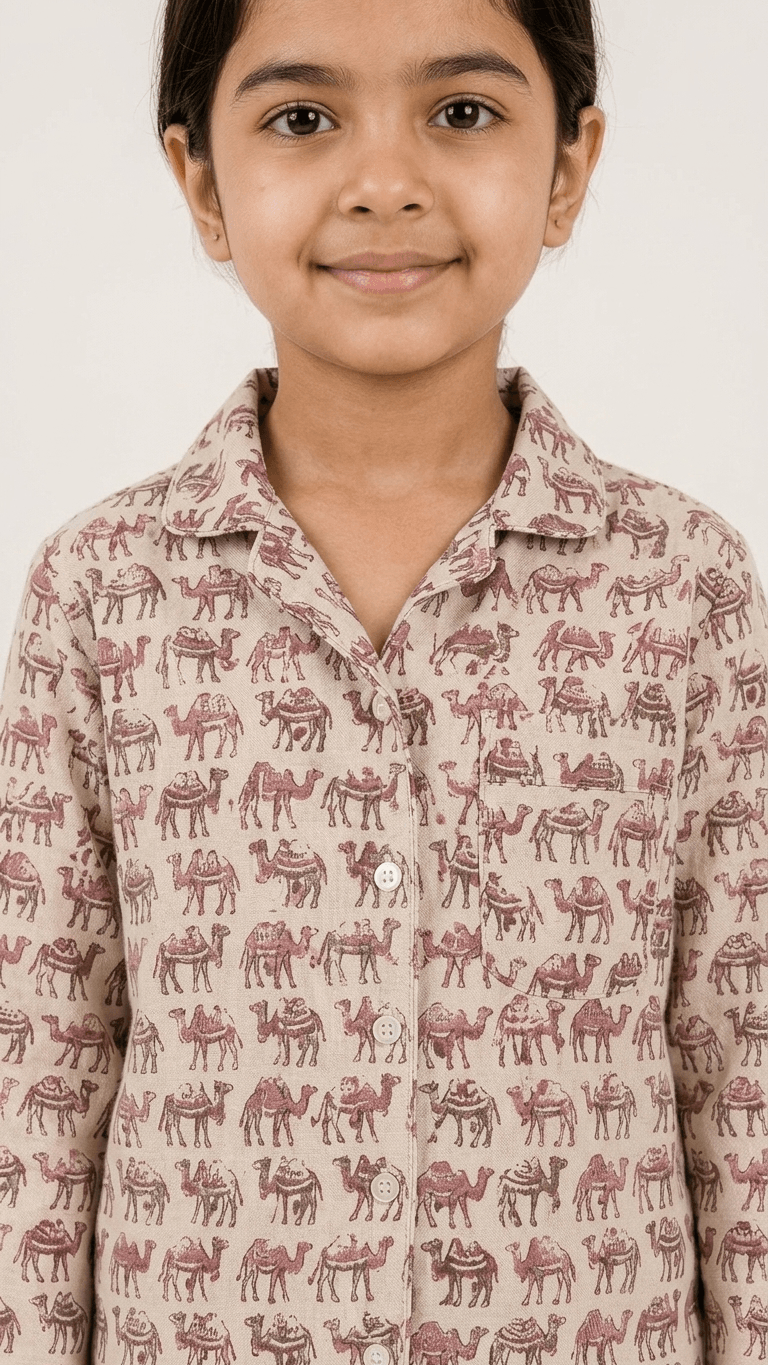 satrangi house Kids 100% Pure Cotton Woven Full-Sleeve Mauve Camel Print Night Suit Pajama Set with Travel Pouch