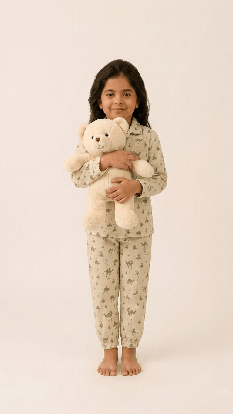 Satrangi House Kids 100% Pure Cotton Woven Full-Sleeve Sage Green Camel Print Night Suit Pajama Set with Travel Pouch
