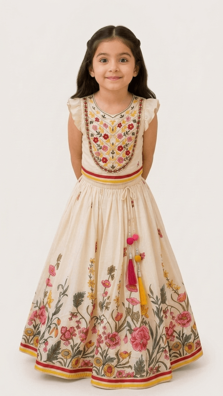 Girls Cream & Pink Floral Embroidered Lehenga Choli Set | Kids Flutter Sleeve Traditional Festive Wear Dress