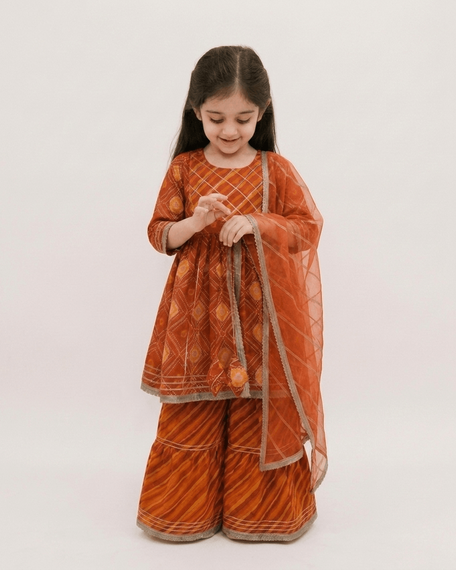 Girls Rust Orange Bandhani Print Peplum Kurti Sharara Set | Kids Gota Patti Traditional Festive Wear Suit with Dupatta