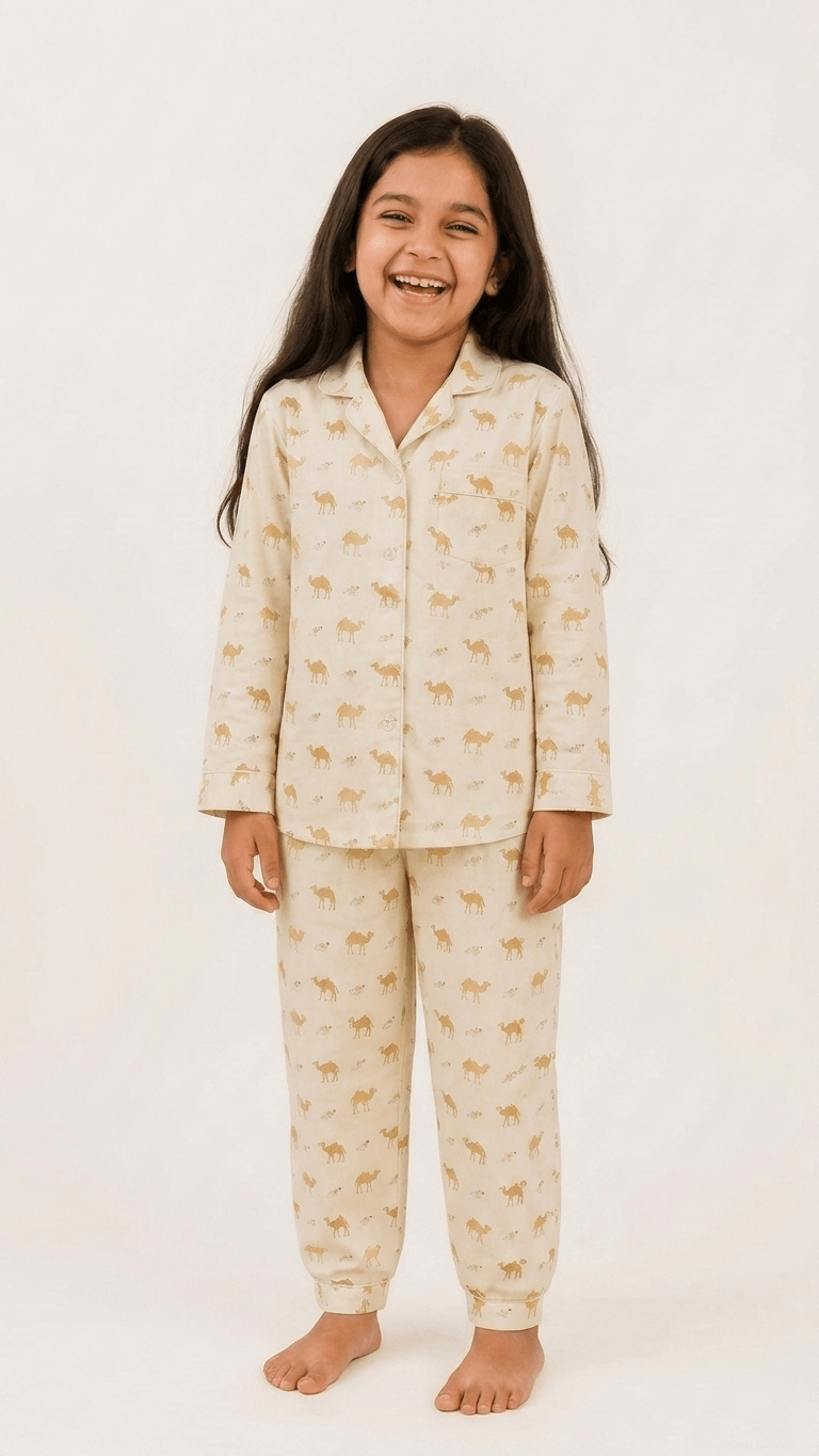 Satrangi House Kids 100% Pure Cotton Woven Full-Sleeve Mustard Yellow Camel Print Night Suit Pajama Set with Travel Pouch