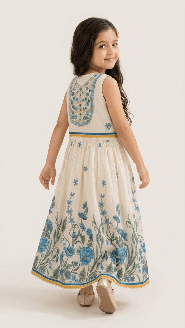 Girls Cream & Blue Floral Embroidered Ethnic Lehenga Gown | Kids Traditional Cotton Festive Wear Dress